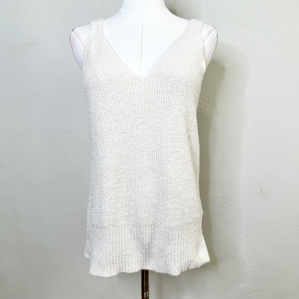 Joie Cream Fuzzy Soft Ribbed Knit V-Neck Tank Top Sweater Vest Size Large